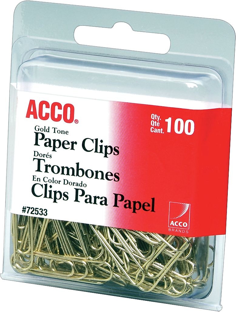 ACCO Gold Tone Standard Paper Clips, Gold, 100 Clips/Pack (A7072533)
