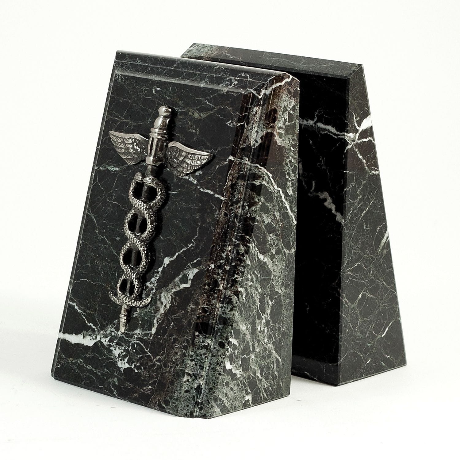 Bey-Berk Marble Fancy Beveled Medical Caduceus Book Ends, 7.25"H, Antique Silver/Black (R19M)