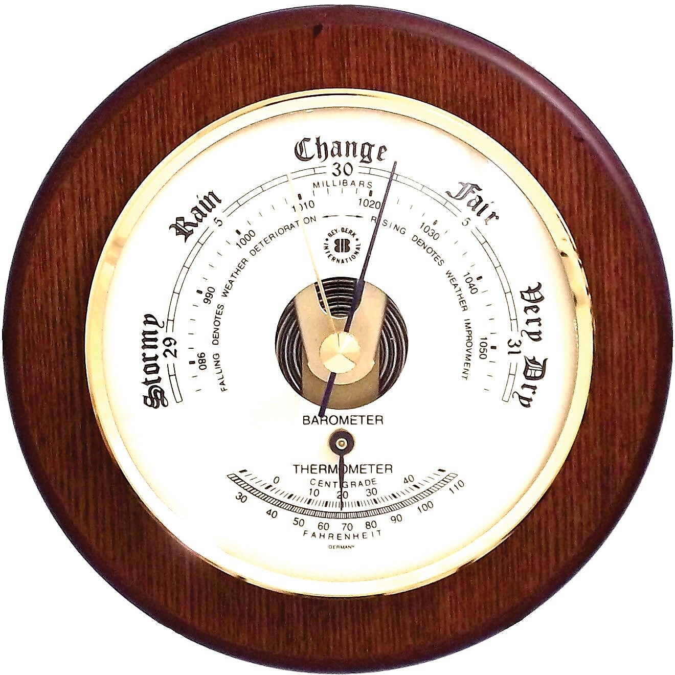 Bey-Berk Brass and Cherry Wood Indoor Barometer/Thermometer (WS070)