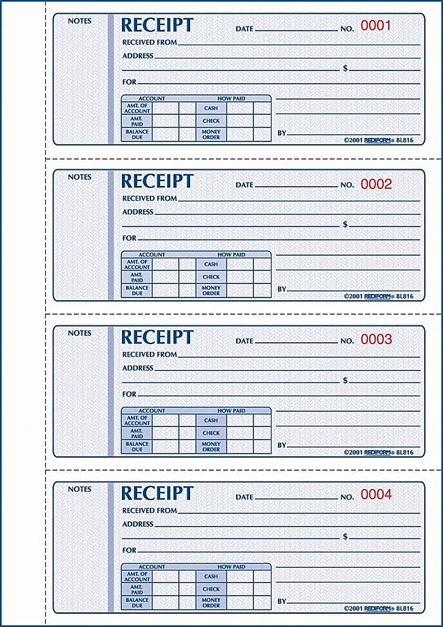 Money Receipt Forms, Carbonless, 3 Part, Hard Cover, 2-3/4" x 7", 200 Sets/Book (RED8L818)