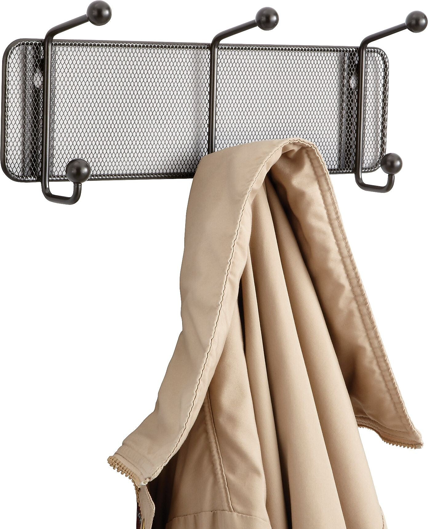 Safco Onyx Mesh Wall Rack, 3 Hook, Black, 5 1/2"H x 14 3/4"W x 3"D (6402BL)