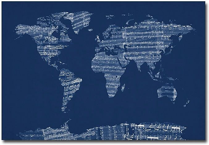 Trademark Global Michael Tompsett "Sheet Music World Map in Blue" Canvas Art, 30" x 47"