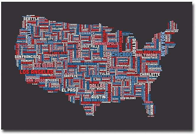 Trademark Global Michael Tompsett "US Cities Text Map" Canvas Art, 16" x 24"