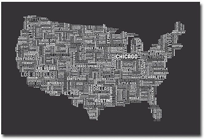 Trademark Global Michael Tompsett "US Cities Text Map III" Canvas Art, 30" x 47"