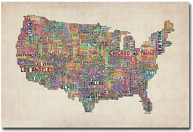 Trademark Global Michael Tompsett "US Cities Text Map VI" Canvas Art, 16" x 24"