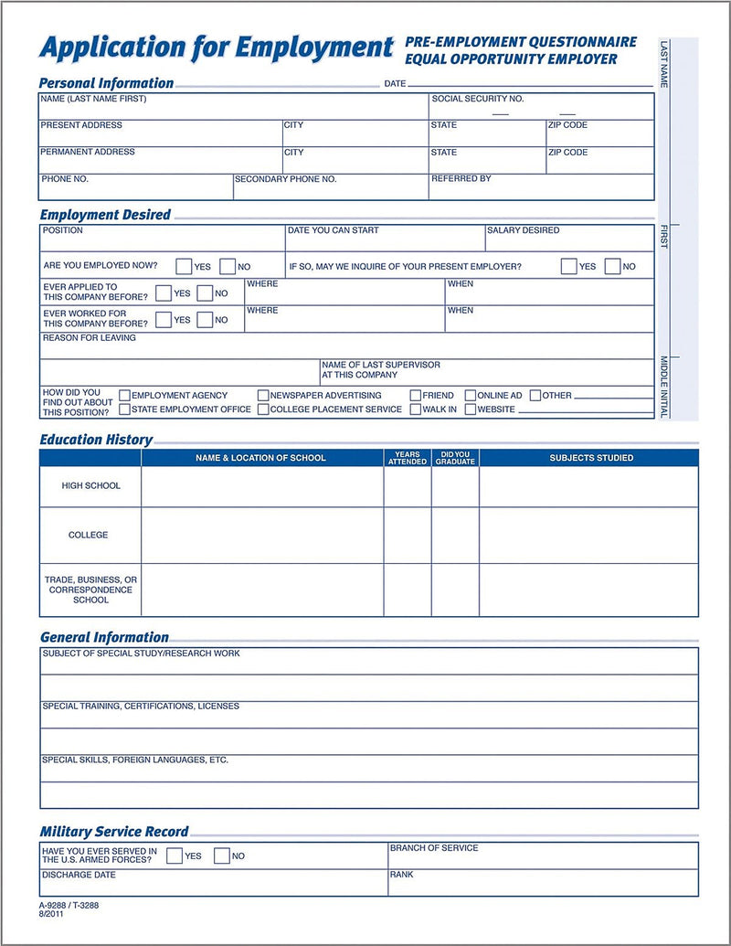 TOPS® Application For Employment, 4 Sided, Folded, Ruled, 1-Part, 11" x 8 1/2", 25/Pk