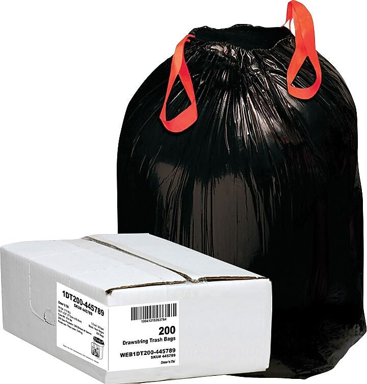 Berry Global Draw 'N Tie 30 Gallon Industrial Trash Bag, 30.5" x 34", Low Density, 1.2mil, Black, 200 Bags/Box (1DT200)