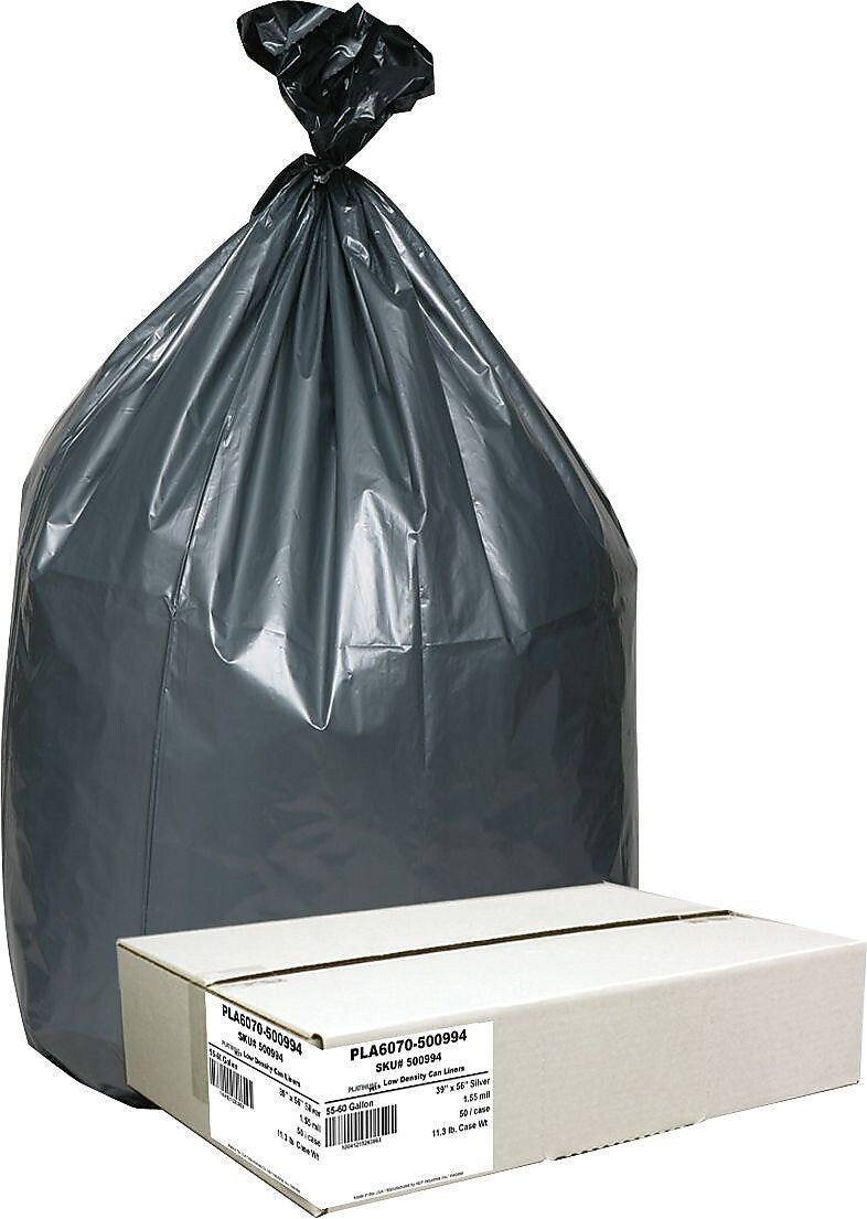 Berry Global Platinum Plus 60 Gallon Industrial Trash Bag, 39" x 56", Low Density, 1.55 mil, Gray, 50 Bags/Box (PLA6070)