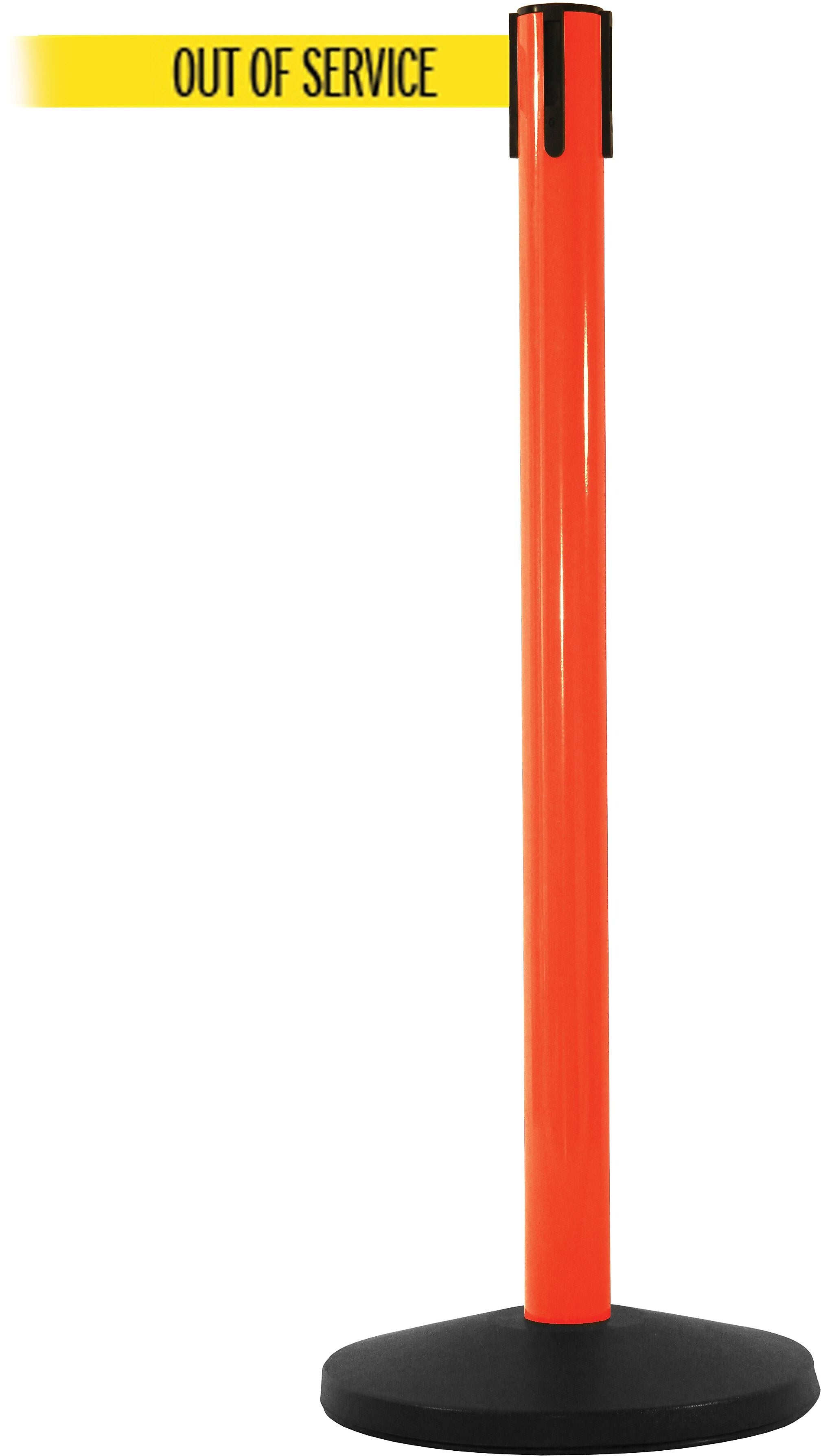 SafetyMaster 450 Orange Stanchion Barrier Post with Retractable 8.5' Yellow/Black OUT OF SERV Belt