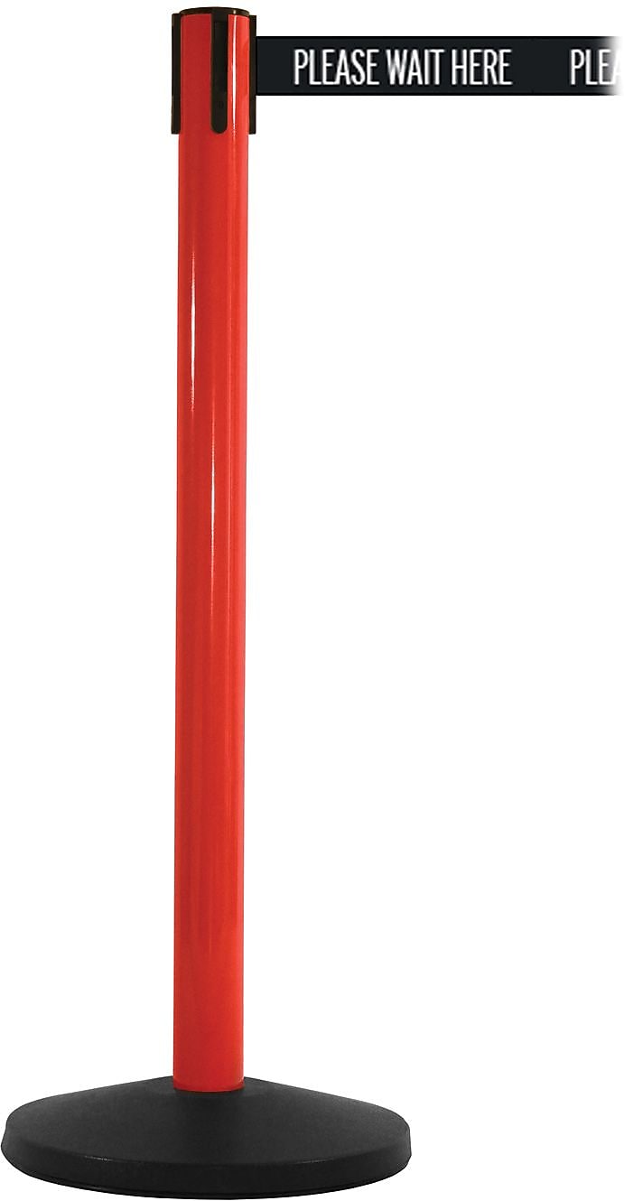 SafetyMaster 450 Red Stanchion Barrier Post with Retractable 8.5' Black/White PL WAIT HERE Belt (SM450R-BWWH)