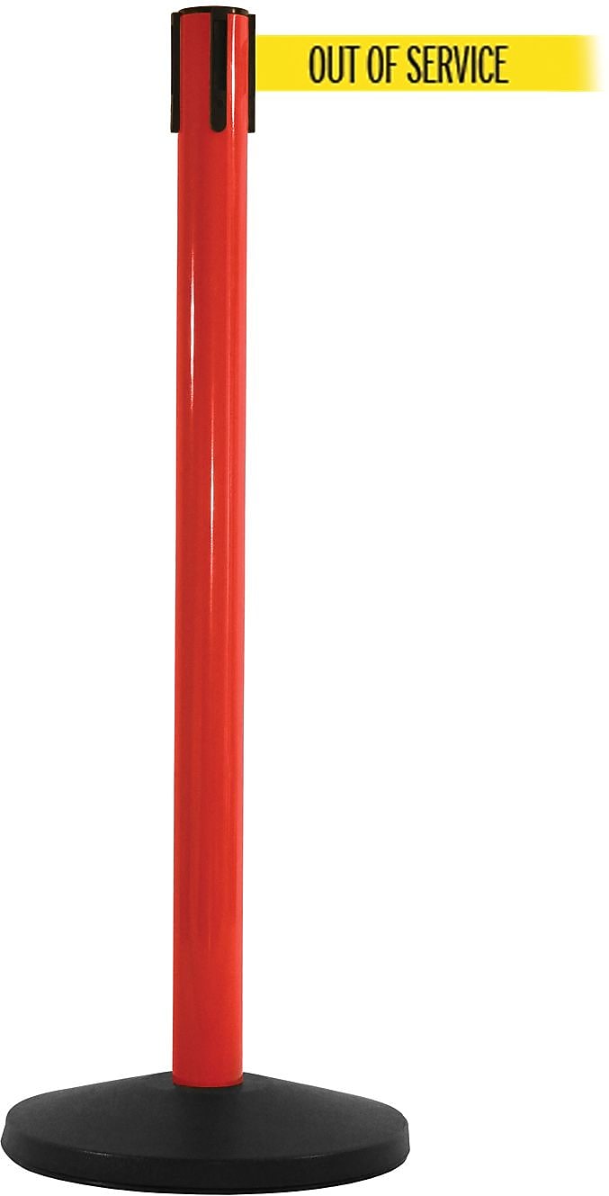 SafetyMaster 450 Red Stanchion Barrier Post with Retractable 8.5' Yellow/Black OUT OF SERV Belt (SM450R-YBO)