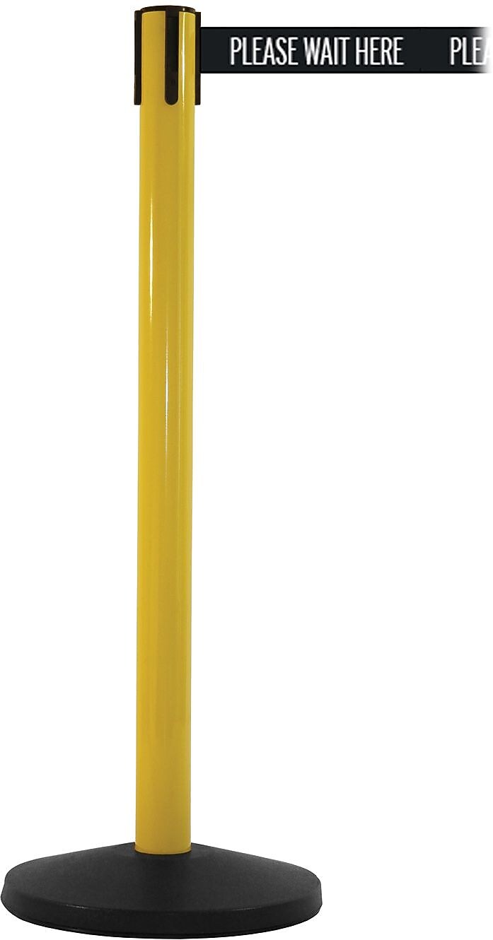 SafetyMaster 450 Yellow Retractable Belt Barrier with 8.5' Black/White PL WAIT HERE Belt (SM450Y-BWWH)