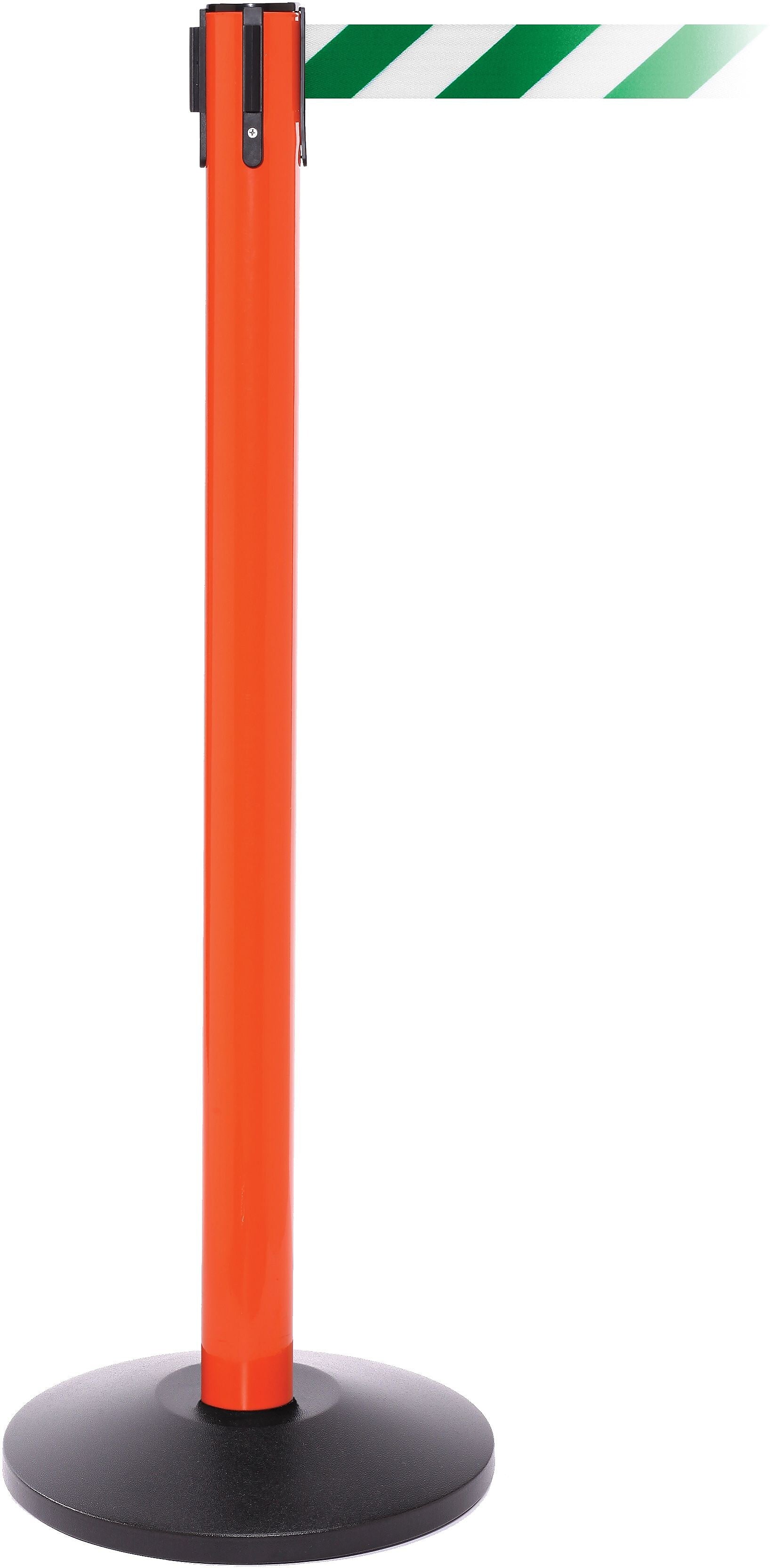SafetyPro 250 Orange Stanchion Barrier Post with Retractable 11' Green/White Belt