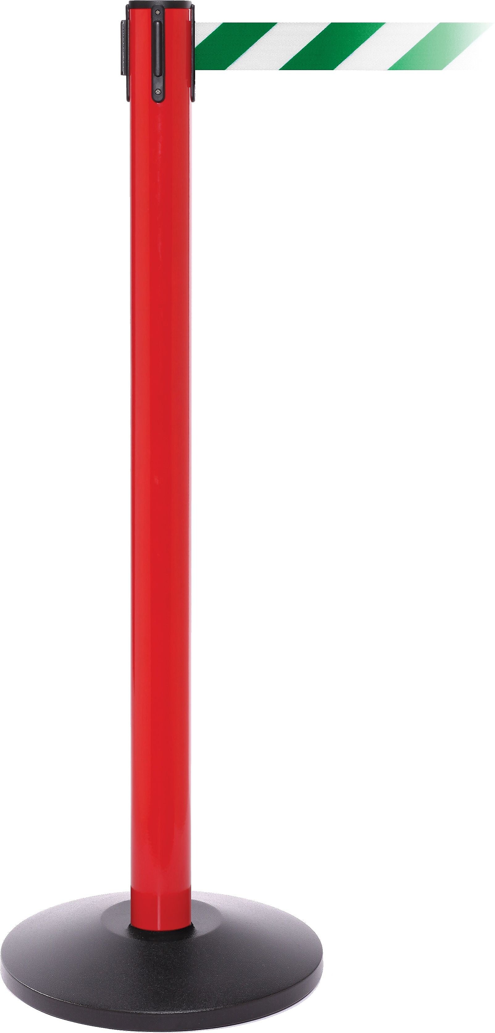 SafetyPro 250 Red Stanchion Barrier Post with Retractable 11' Green/White Belt