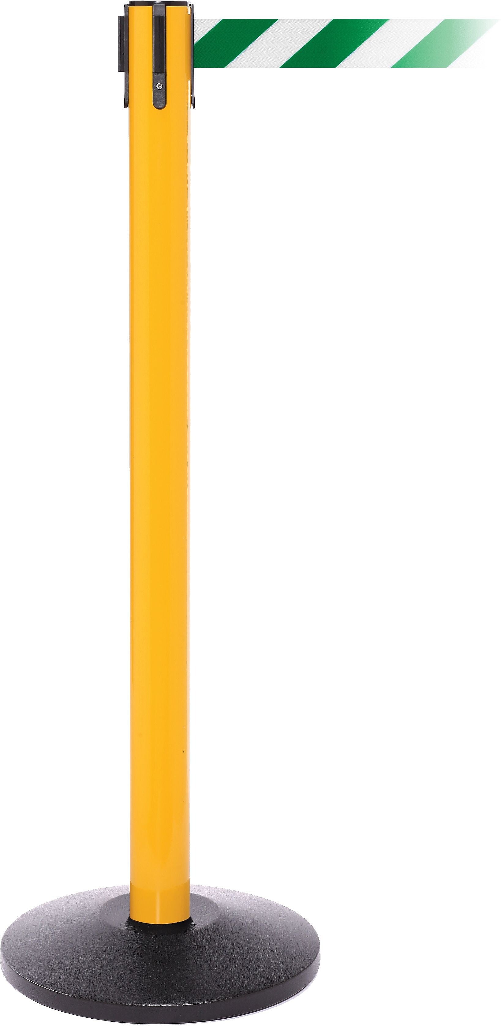 SafetyPro 250 Yellow Stanchion Barrier Post with Retractable 11' Green/White Belt
