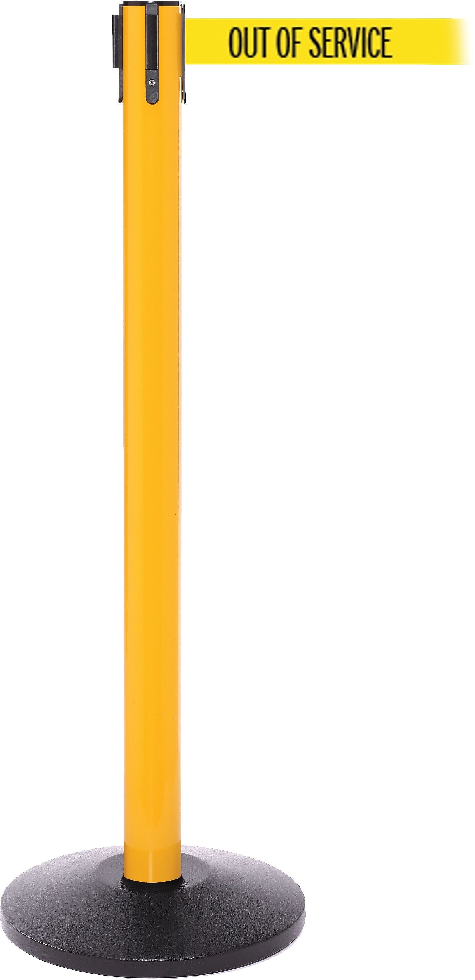 SafetyPro 250 Yellow Stanchion Barrier Post with Retractable 11' Yellow/Black OUT OF SERV Belt
