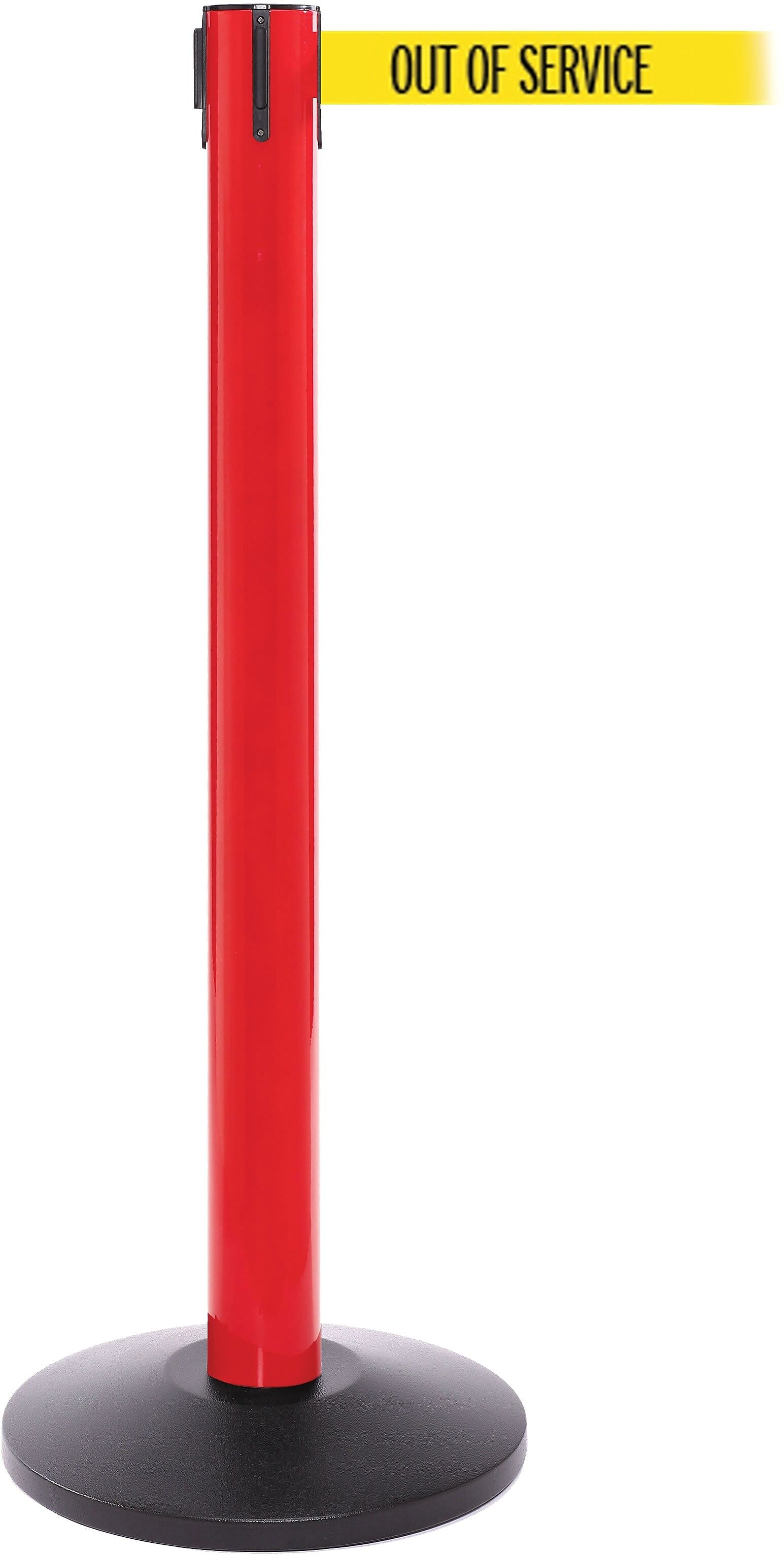 SafetyPro 300 Red Stanchion Barrier Post with Retractable 16' Yellow/Black OUT OF SERV Belt