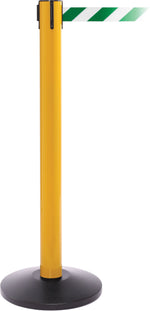SafetyPro 300 Yellow Stanchion Barrier Post with Retractable 16' Green/White Belt