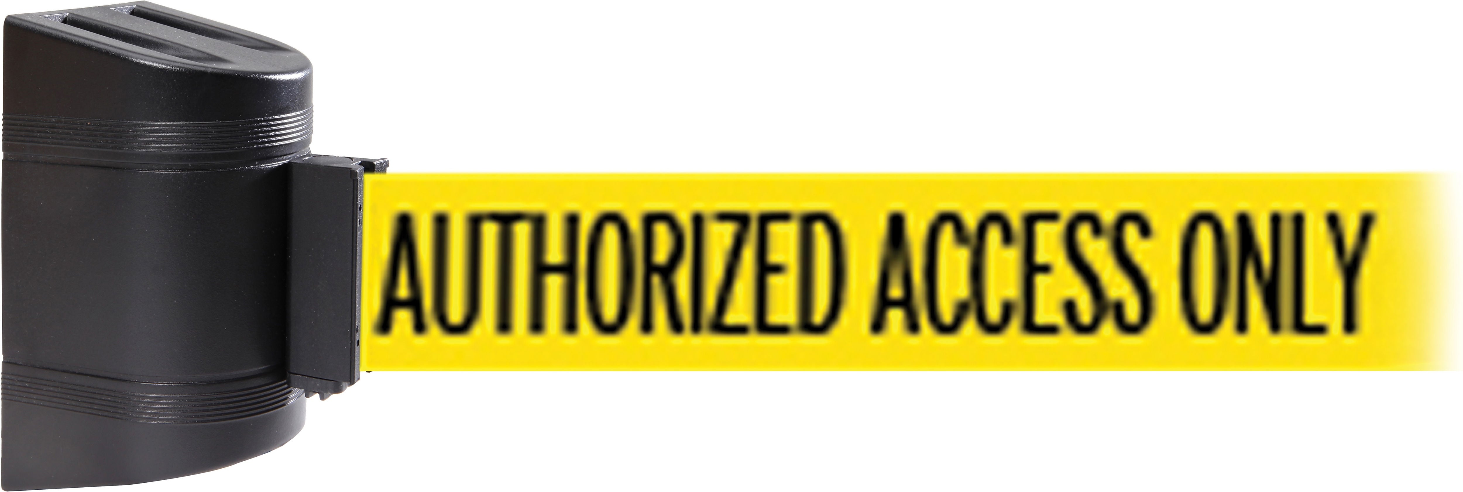 WallPro 450 Black Wall Mount Belt Barrier with 30' Yellow/Black AUTHORIZED Belt
