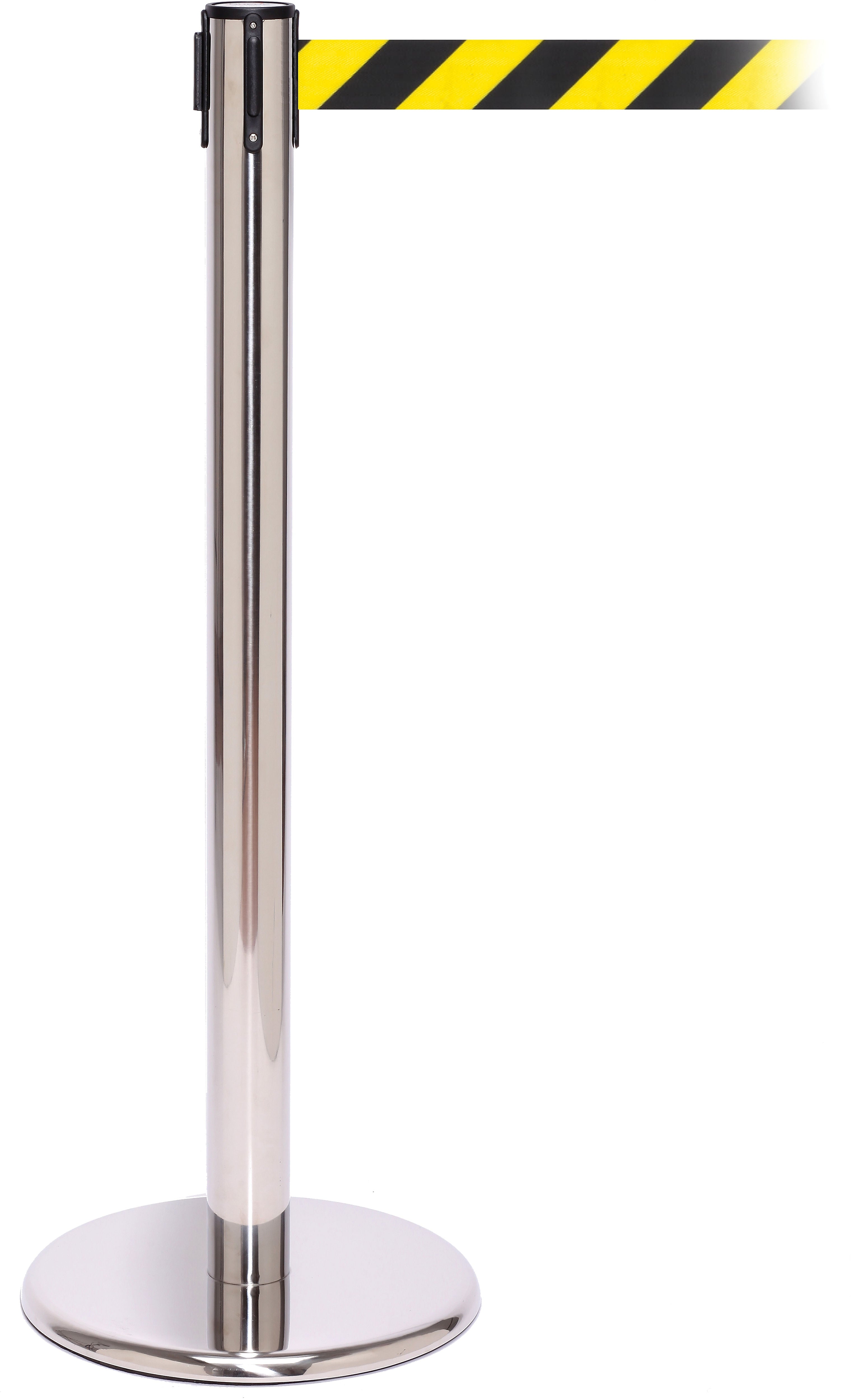 QPro 250 Polished Stainless Steel Stanchion Barrier Post with Retractable 11' Black/Yellow Belt (PRO250PS-YB)