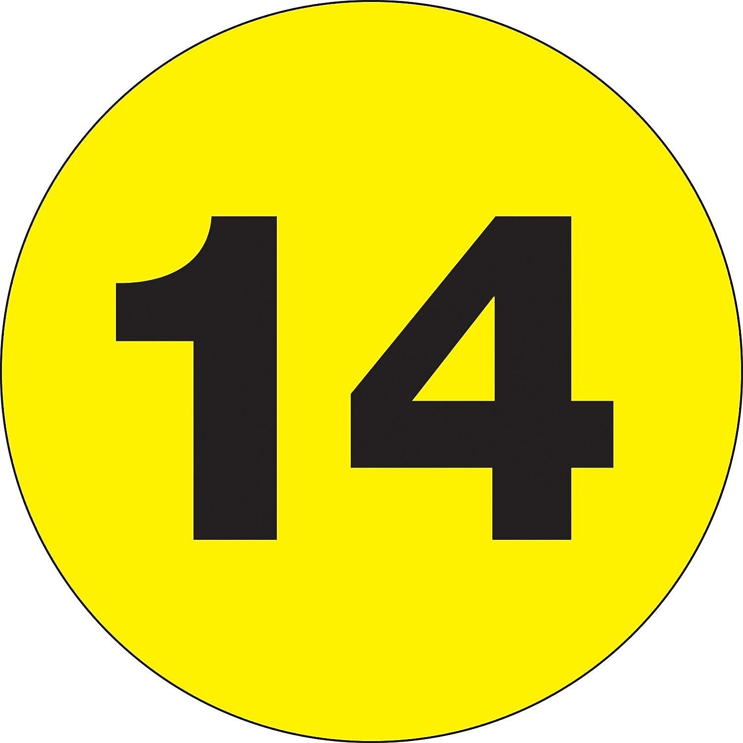 Tape Logic 2" Circle "14" Number Label, Fluorescent Yellow, 500/Roll