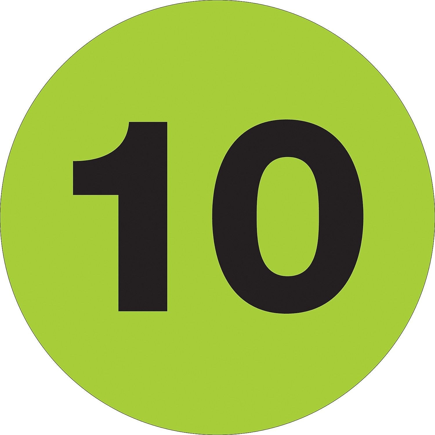 Tape Logic 2" Circle "10" Number Label, Fluorescent Green, 500/Roll