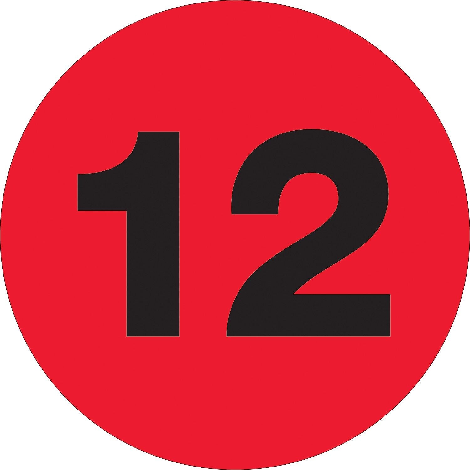 Tape Logic 2" Circle "12" Number Label, Fluorescent Red, 500/Roll