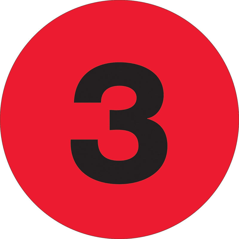 Tape Logic 2" Circle "3" Number Label, Fluorescent Red, 500/Roll
