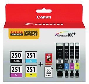 Canon 250/251 Black/Cyan/Magenta/Yellow Standard Yield Ink Cartridges w/ Photo Paper, 4/Pack   (6497B004)