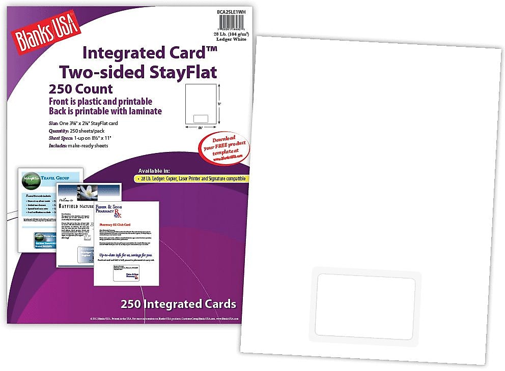 Blanks/USA® 3 3/8" x 2 1/8" 28 lbs. Ledger Integrated Card, White, 250/Pack