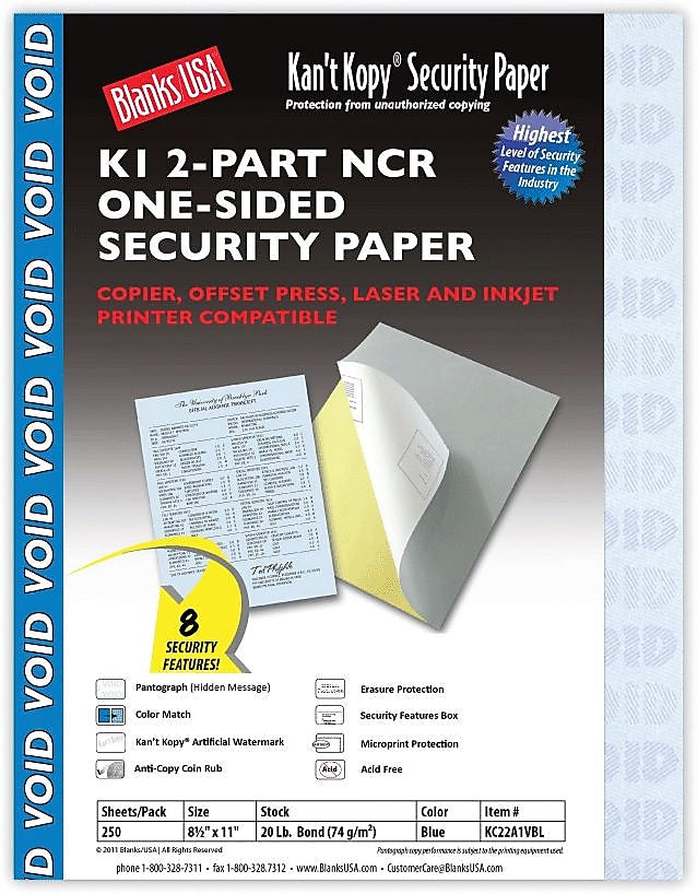 Blanks USA Kan't Kopy 8.5" x 11" Carbonless Security Paper, 20 lbs., Blue, 250 Sheets/Pack (KC22A1VBL)