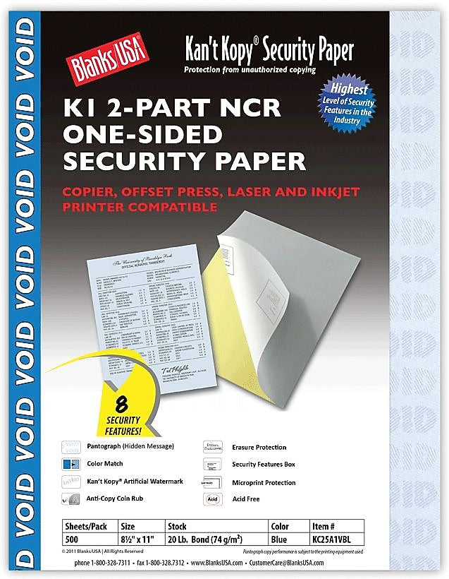 Blanks USA Kan't Kopy 8.5" x 11" Carbonless Security Paper, 20 lbs., Blue, 500 Sheets/Ream (KC25A1VBL)