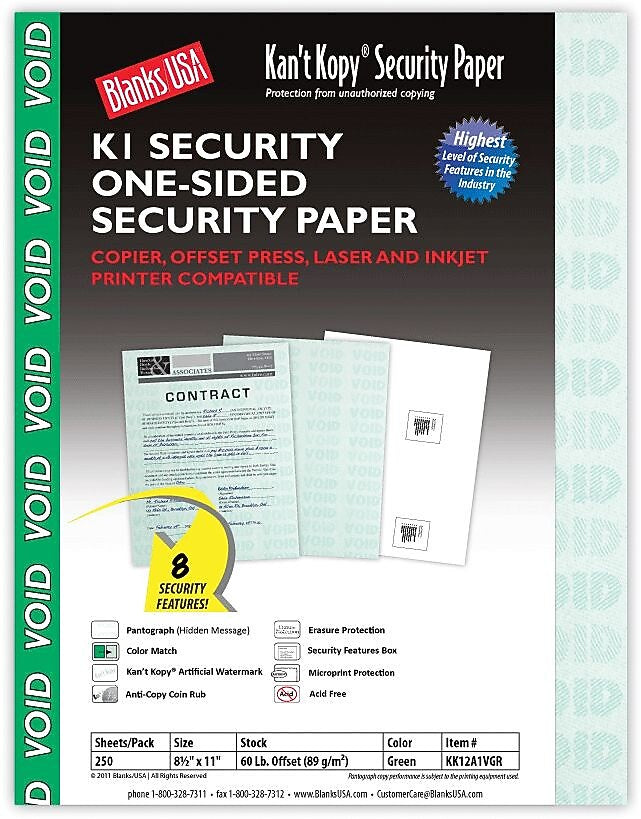 Blanks USA Kan't Kopy 8.5" x 11" Security Paper, 60 lbs., Green, 250 Sheets/Pack (KK12A1VGR)