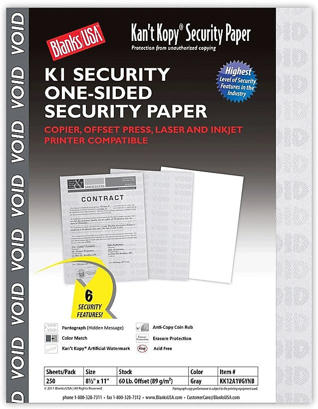 Blanks USA Kan't Kopy 8.5" x 11" Security Paper, 60 lbs., Gray, 250 Sheets/Pack (KK12A1VGYNB)