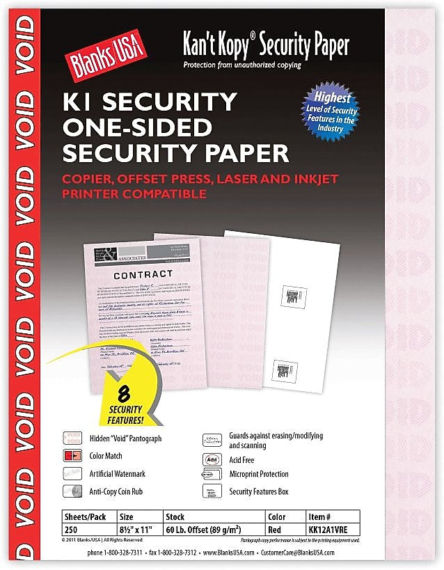 Blanks USA Kan't Kopy 8.5" x 11" Security Paper, 60 lbs., Red, 250 Sheets/Pack (KK12A1VRE)