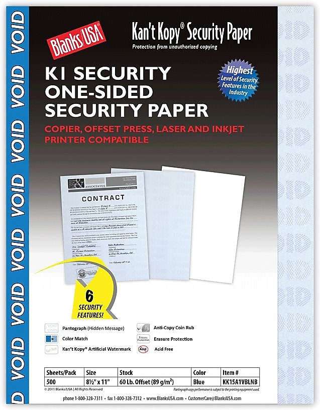 Blanks USA Kan't Kopy 8.5" x 11" Security Paper, 60 lbs., Blue, 500 Sheets/Ream (KK15A1VBLNB)