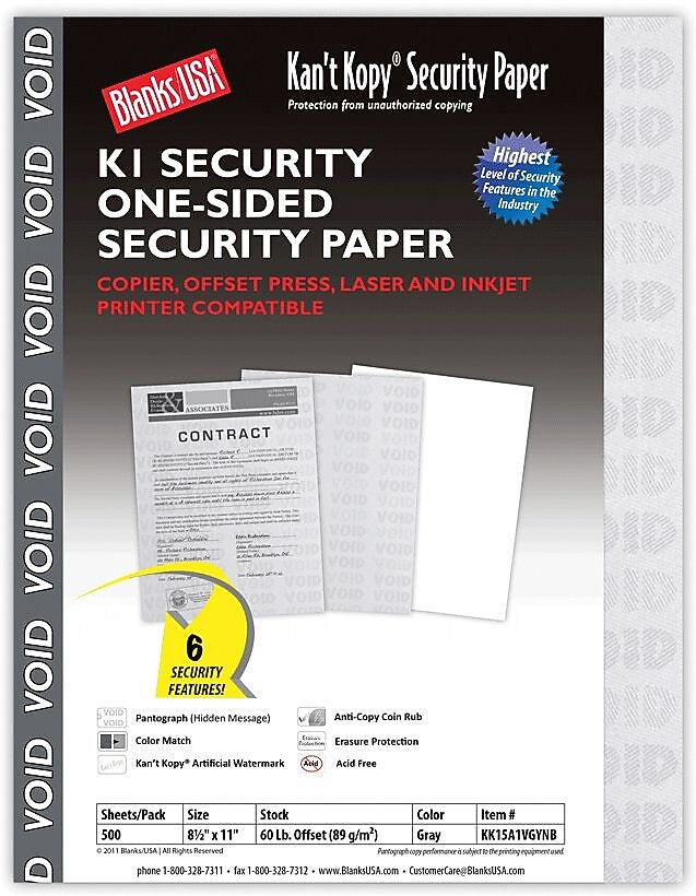 Blanks USA Kan't Kopy 8.5" x 11" Security Paper, 60 lbs., Gray, 500 Sheets/Ream (KK15A1VGYNB)