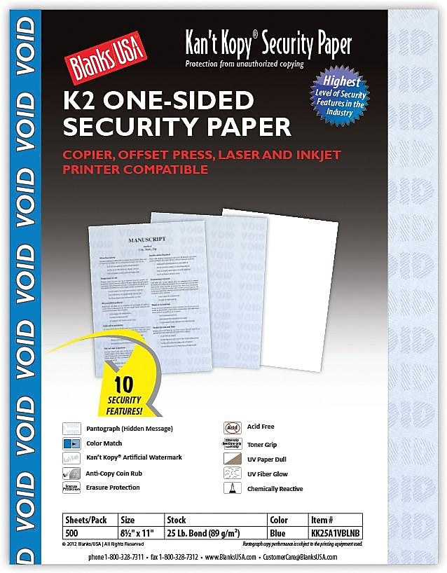Blanks USA Kan't Kopy 8.5" x 11" Security Paper, 60 lbs., Blue, 500 Sheets/Ream (KK25A1VBLNB)