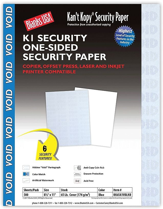 Blanks USA Kan't Kopy 8.5" x 11" Security Paper, 60 lbs., Blue, 500 Sheets/Ream (KK65A1VBLNB)