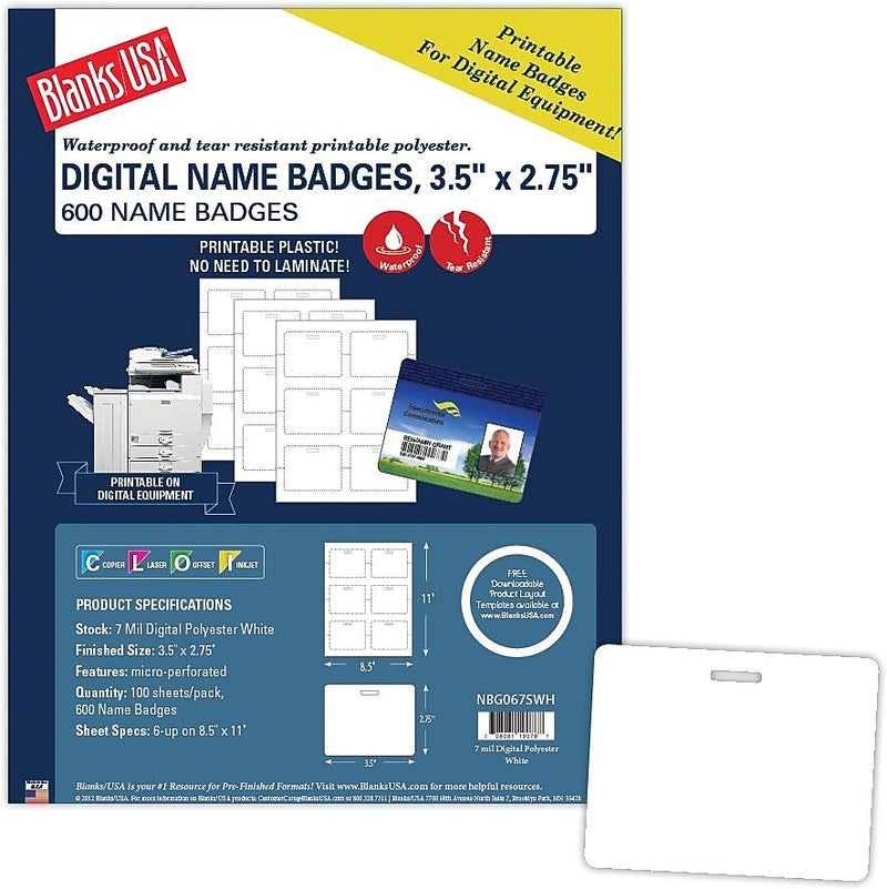 Blanks/USA® 3 1/2" x 2 3/4" Digital Name Tag, White, 100/Pack