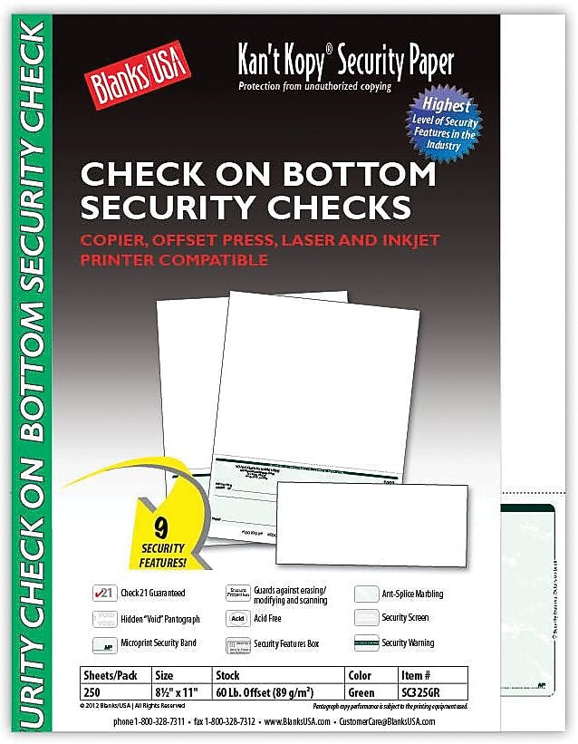 Kan't Kopy® Blank/USA® 8 1/2" x 11" 60 lbs. Security Check on Bottom Paper, Void Green, 250/Pack