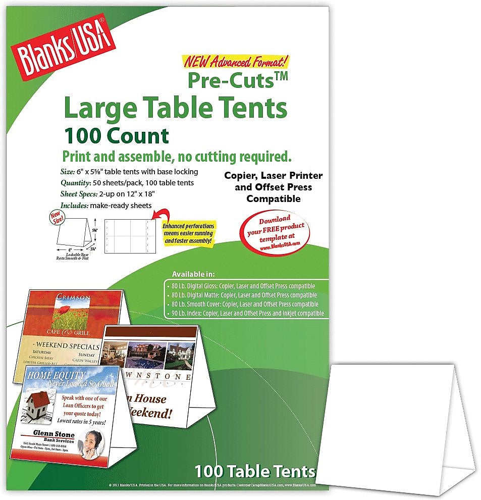 Blanks/USA® 6" x 3 3/8" x 5 5/8" 80 lbs. Digital Table Tent, White, 100/Pack