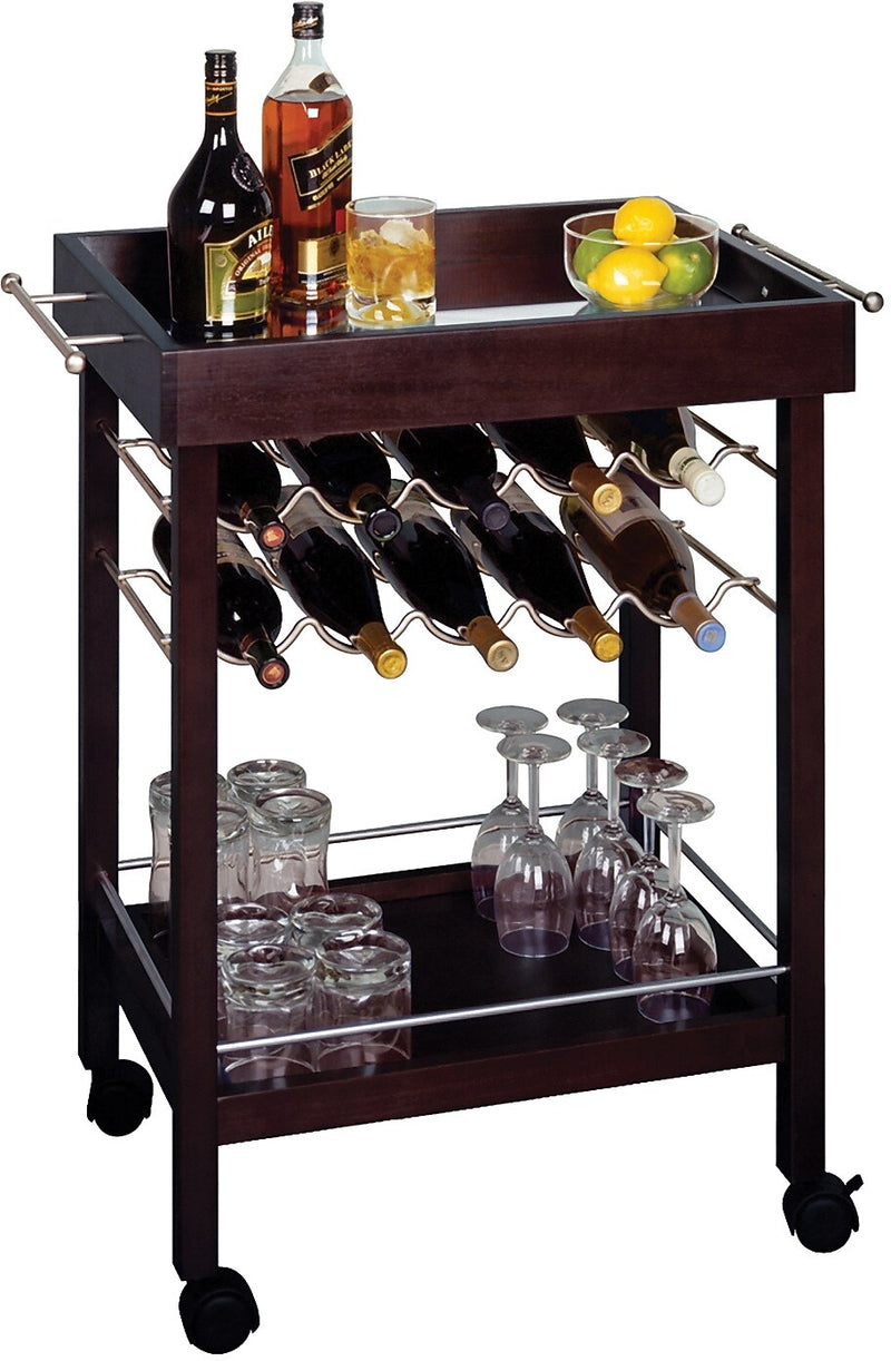 Winsome 33 1/4" x 30" x 18 1/2" Mirror Top Bar Cart With Wine Rack, Dark Espresso