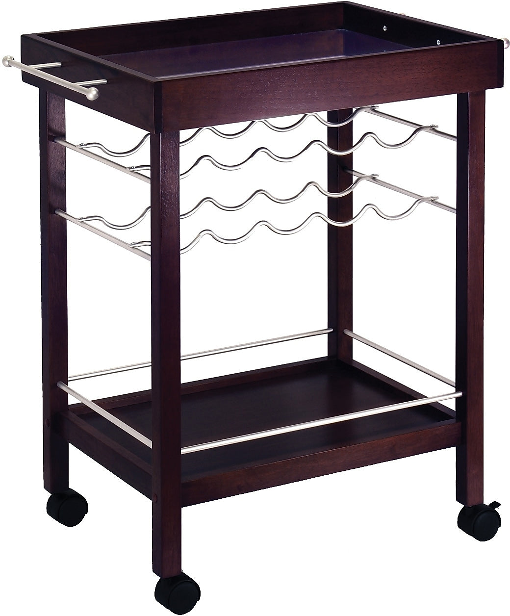 Winsome 33 1/4" x 30" x 18 1/2" Mirror Top Bar Cart With Wine Rack, Dark Espresso