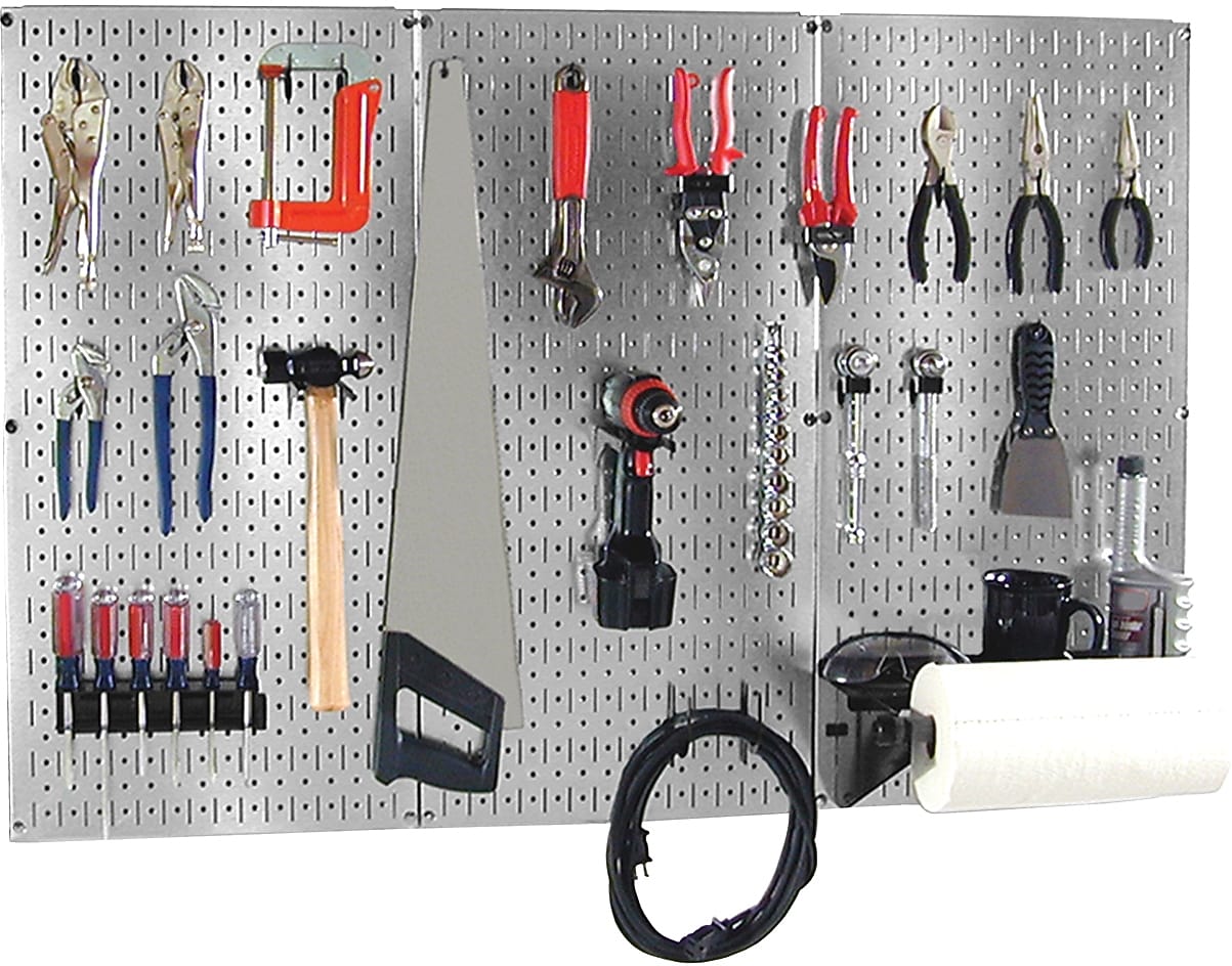 Wall Control 4' Metal Pegboard Basic Tool Organizer Kit, Galvanized Tool Board and Black Accessories