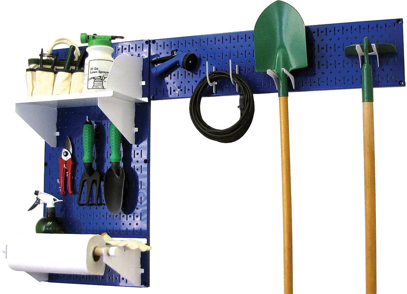 Wall Control Garden Tool Storage Organizer Pegboard Kit, Blue Tool Board and White Accessories
