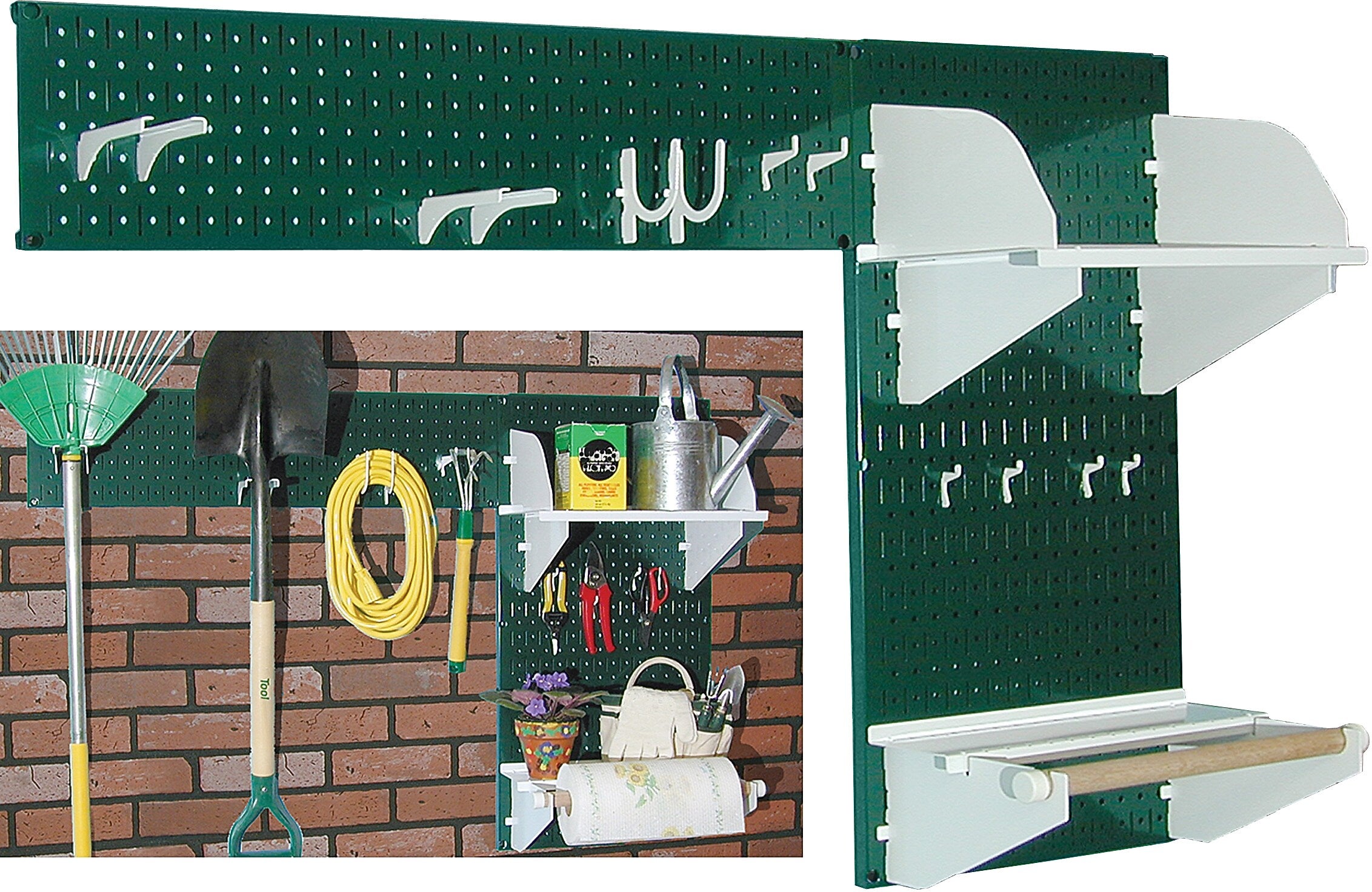 Wall Control Garden Tool Storage Organizer Pegboard Kit, Green Tool Board and White Accessories