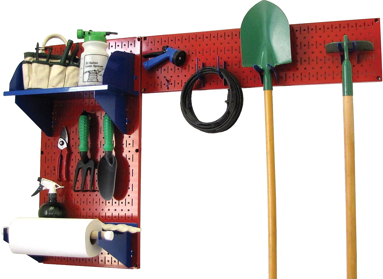 Wall Control Garden Tool Storage Organizer Pegboard Kit, Red Tool Board and Blue Accessories