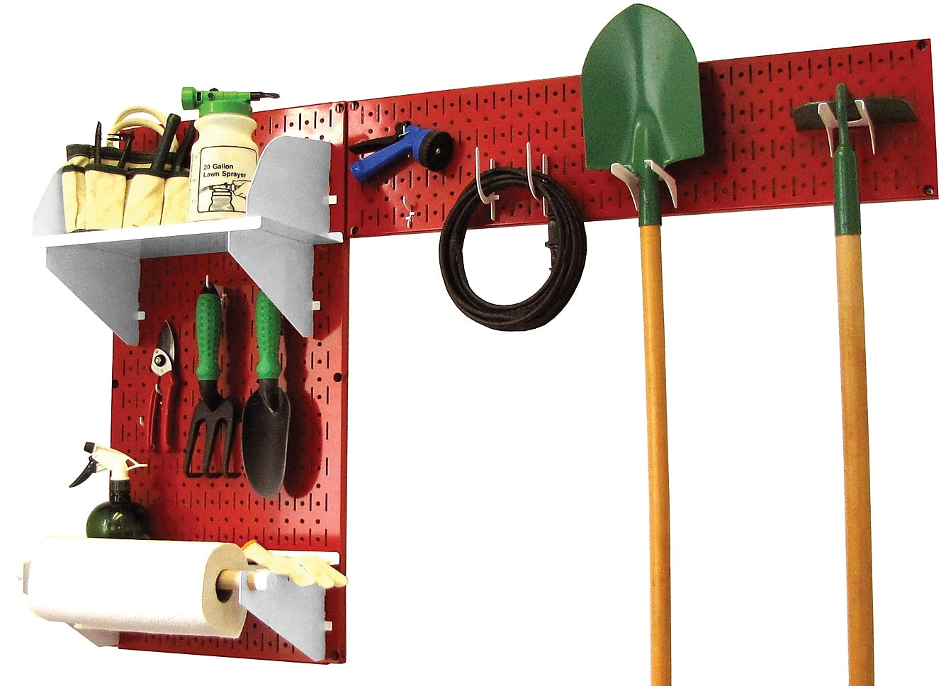 Wall Control Garden Tool Storage Organizer Pegboard Kit, Red Tool Board and White Accessories