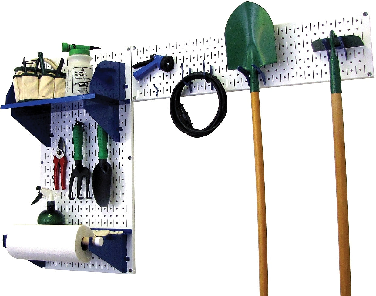 Wall Control Garden Tool Storage Organizer Pegboard Kit, White Tool Board and Blue Accessories